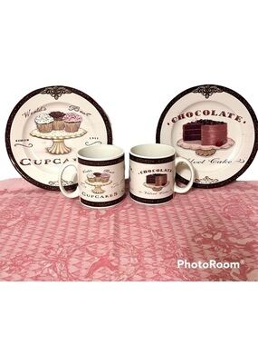 Oneida Chocolate and Cupcake Dessert Plates & Coffee Hot Cocoa Mugs 4 Piece Set